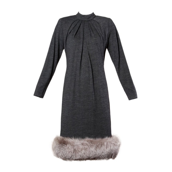 Victor Costa wool dress with fox fur trim - Picture 1 of 10